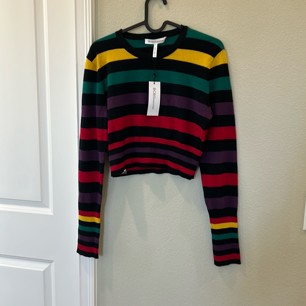 NWT BCBGeneration multicolor striped cropped long sleeve sweater